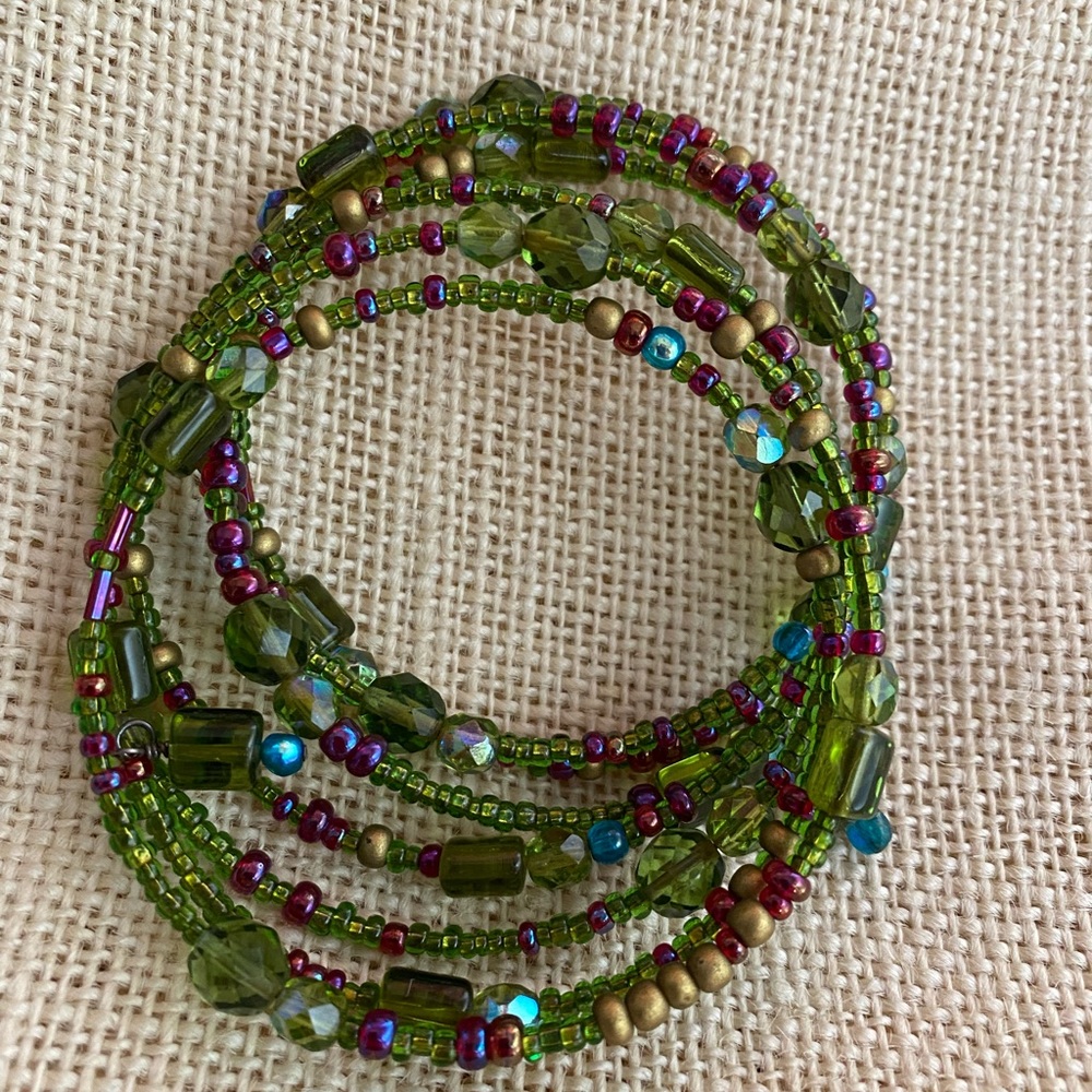 Beaded Cuff Bracelet - Green and Purple